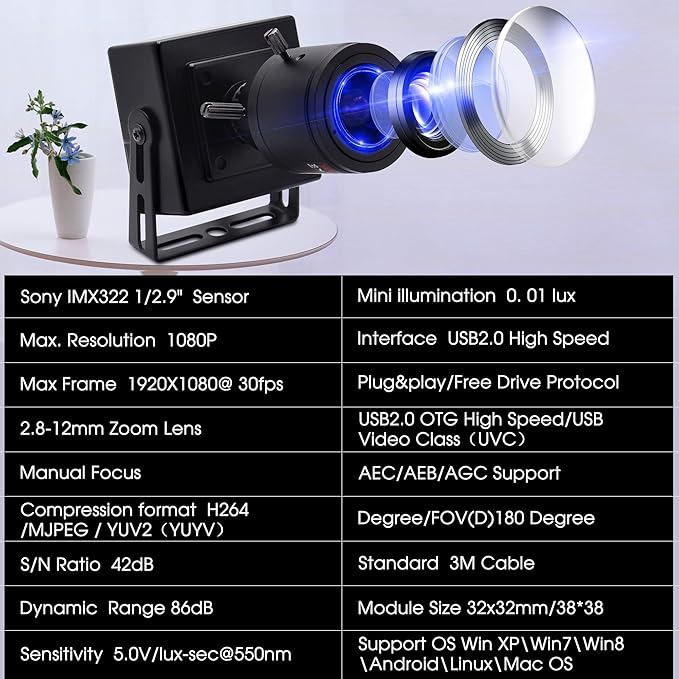 2MP USB Camera Module with 2.8-12mm Varifocal M12 Lens, 4X Optical Zoom, 1080P 30FPS, 0.01Lux Low Light, H.264 Webcam for Video Conferencing, IMX323 Sensor, Plug and Play for Windows/Linux/Mac