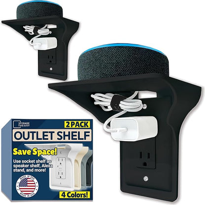 BeraTek Power Perch Wall Outlet Shelf | Declutter & Reclaim Counter Space | Bedroom & Bathroom Organizing Shelves | Alexa Echo Dot Holder, Router Shelf, Holds Electric Toothbrush | Black, 2-Pack