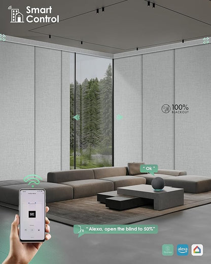 Yoolax Custom XL Smart Sliding Door Blinds, Motorized Sliding Panel Blinds Compatible with Alexa, Blackout Vertical Blinds for Glass Doors, Patio Doors, Closet Doors, Foggy White