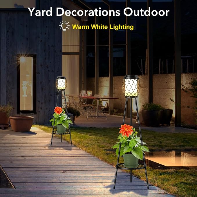 MXwcy 2-in-1 Solar Lights Outdoor with Plant Stand, Waterproof Vintage Solar Floor Lamp & Metal Planter Holder, Tall Geometric Lantern Tripod for Patio, Garden, Yard, Porch Decor (2 Pack)