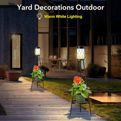 MXwcy 2-in-1 Solar Lights Outdoor with Plant Stand, Waterproof Vintage Solar Floor Lamp & Metal Planter Holder, Tall Geometric Lantern Tripod for Patio, Garden, Yard, Porch Decor (2 Pack)