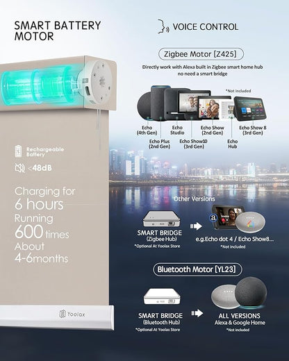Yoolax Motorized Solar Shades Light Filtering Motorized Blinds with Remote Smart Blinds Compatible with Alexa, Google, Flame Retardant Roller Shades for Windows, Customized (3% Openness Soft Beige)