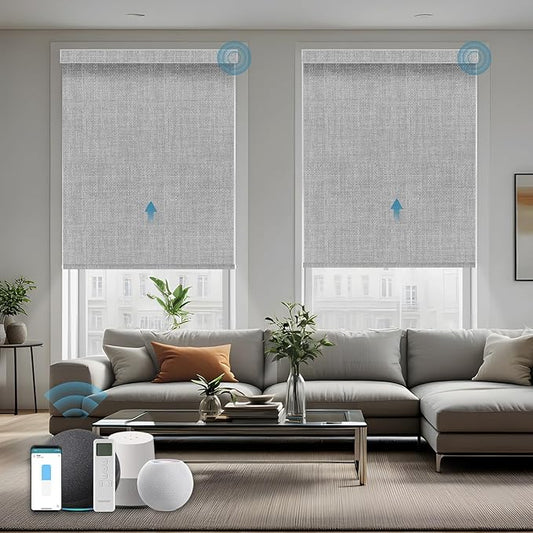 Motorized Roller Shade, 100% Blackout Smart Window Blinds Work with Homekit, Alexa, Google Home, Remote Control, Electric Blinds with USB/Solar Pannel Charging,Gentle Pale Grey