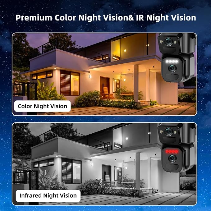 4K Solar Security Cameras Wireless Outdoor Battery Powered, 2.4GHz Dual Lens Bullet & 360° PTZ Outdoor Security Camera with Solar Panel, Digital Zoom, Night Vision,PIR Sensor (1Pack)