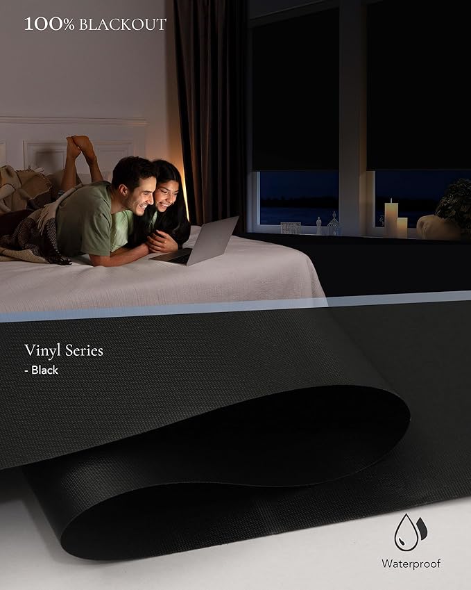 Motorized Blinds Compatible with Alexa Google Custom to 115" Width 100% Blackout Smart Blind Automatic Large Window Roller Shades Remote Control Vinyl Black