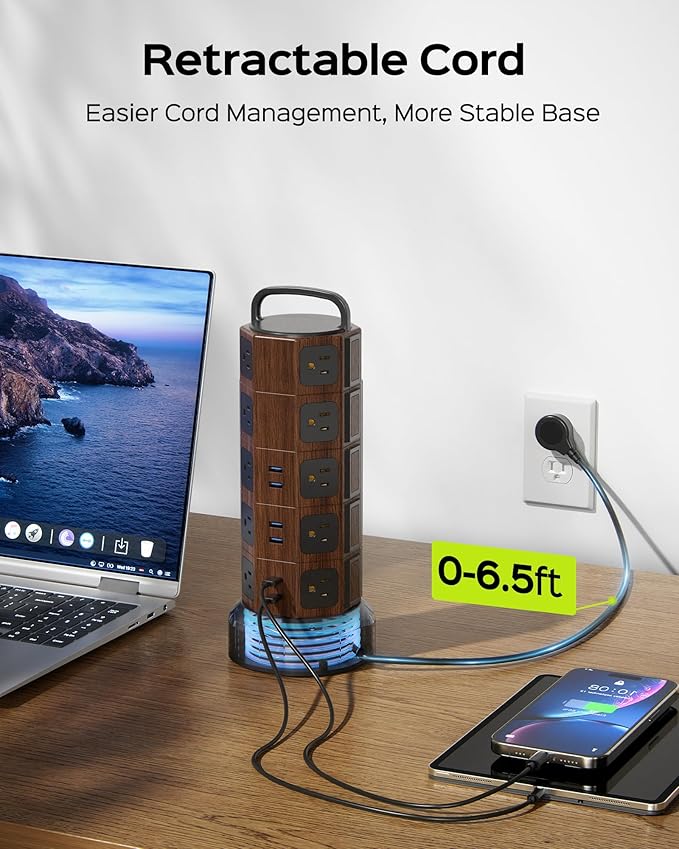 Power Strip Tower Surge Protector 1050J, 20 AC Outlets 6 USB Ports, 13A Desktop Electrical Charging Station, 6.5ft Heavy Duty Extension Cord, for Home, Office, Garage, Black Walnut