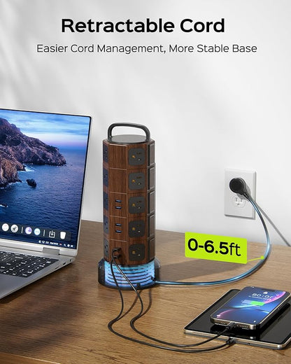 Power Strip Tower Surge Protector 1050J, 20 AC Outlets 6 USB Ports, 13A Desktop Electrical Charging Station, 6.5ft Heavy Duty Extension Cord, for Home, Office, Garage, Black Walnut
