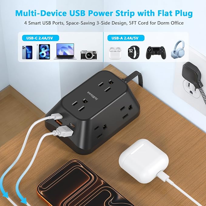 JcBlaon Outlet Extender Surge Protector, 6 Outlet Splitter with 4 USB Ports (2 USB C), 4 Sided 1050 J Multi Plug Wall Adapter Power Strip for Home Office Kitchen Travel