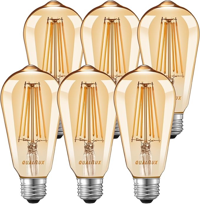 Qualilux Dusk to Dawn Light Bulbs, Auto On/Off Light Sensing LED Bulbs Outdoor, Vintage Amber, Edison ST19 6-Pack, 6.5W 700LM 60W Equivalent, HQ-H028