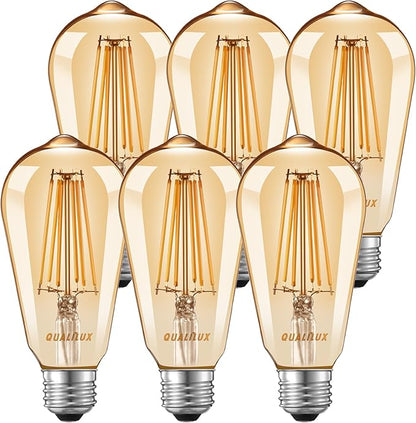 Qualilux Dusk to Dawn Light Bulbs, Auto On/Off Light Sensing LED Bulbs Outdoor, Vintage Amber, Edison ST19 6-Pack, 6.5W 700LM 60W Equivalent, HQ-H028