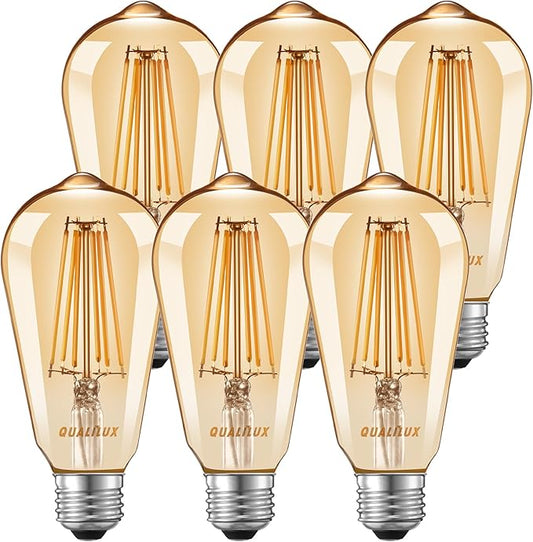 Qualilux Dusk to Dawn Light Bulbs, Auto On/Off Light Sensing LED Bulbs Outdoor, Vintage Amber, Edison ST19 6-Pack, 6.5W 700LM 60W Equivalent, HQ-H028