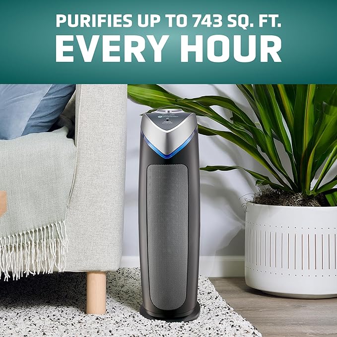 GermGuardian 4-in-1 HEPA Air Purifier for Home, Large Rooms Up to 743 Sq. Ft. with HEPA Air Filter, UV-C Light & Odor Reduction, AC4825E, 22 Tower Gray"