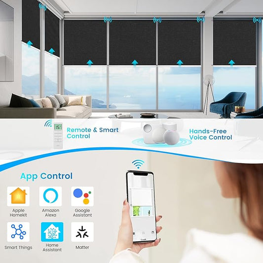 Motorized 100% Blackout Roller Shades – Custom Smart Blinds with Remote Control, Rechargeable Battery or Plug-in Motor, Tuya WiFi Optional, Home & Office Automatic Window Shades (Black/CH9296)