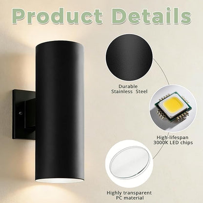 Dusk to Dawn Outdoor Wall Lights, 12'' Up and Down LED Cylinder Exterior Lighting Fixtures, 23W 3000K IP65 Waterproof Wall Sconces for House, Garage, Patio, Porch, Black