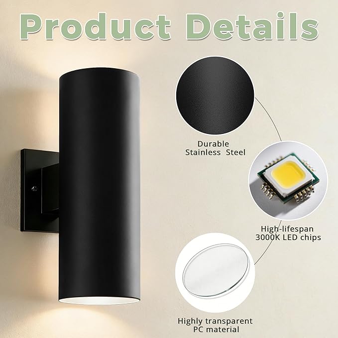 Dusk to Dawn Outdoor Wall Lights, 12'' Up and Down Integrated LED Cylinder Exterior Lighting Fixtures, 23W 3000K IP65 Waterproof Wall Sconces for House, Garage, Patio, Porch, 2 Pack Black