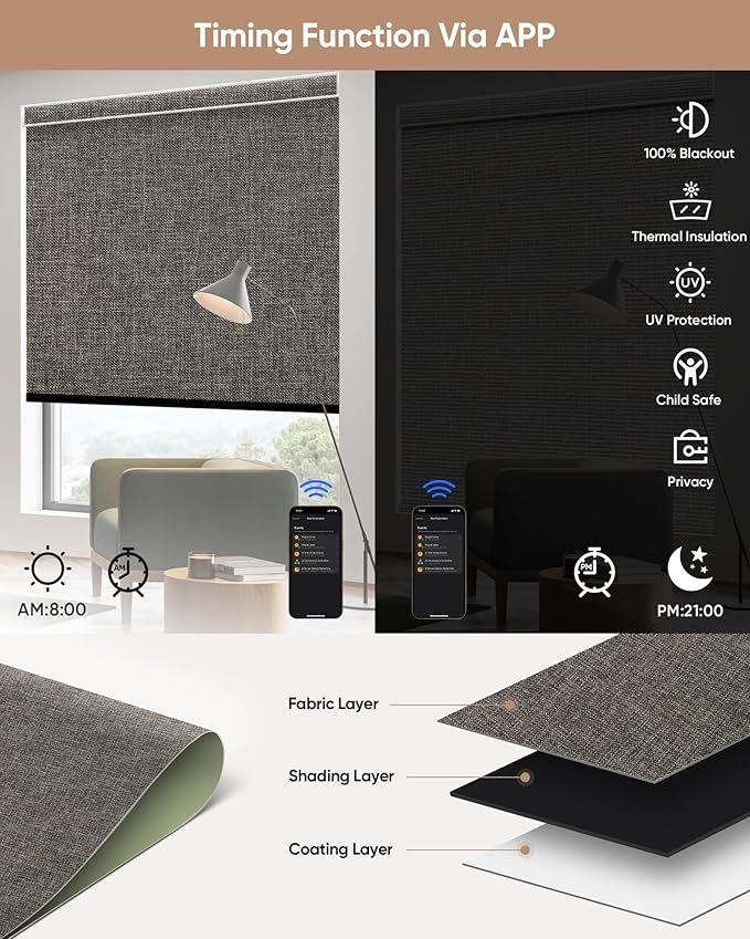 Motorized Blinds with Remote: Kincmo 100% Blackout Roller Shades Work with Apple Homekit,Alexa,Google Home, Customized Electric Blinds with App,Voice Control (100% Blackout Natural Cocoa)