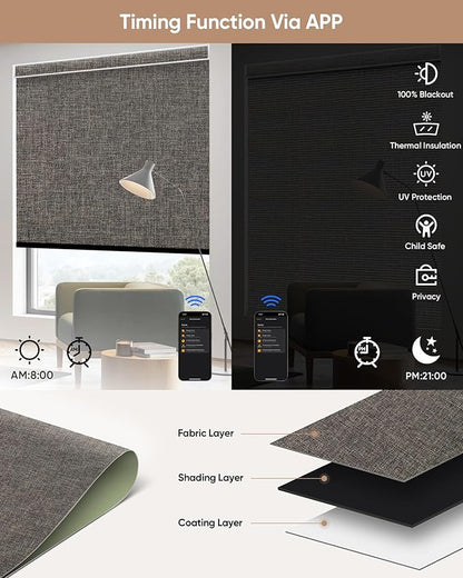 Motorized Blinds with Remote: Kincmo 100% Blackout Roller Shades Work with Apple Homekit,Alexa,Google Home, Customized Electric Blinds with App,Voice Control (100% Blackout Natural Cocoa)