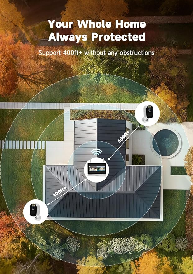 Solar Wireless Security Camera System, 4MP Battery Powered 2-Camera Kit with 7" Touchscreen Monitor, Motion Detection Auto Full-Screen Zoom, Color Night Vision, Compatible with Alexa