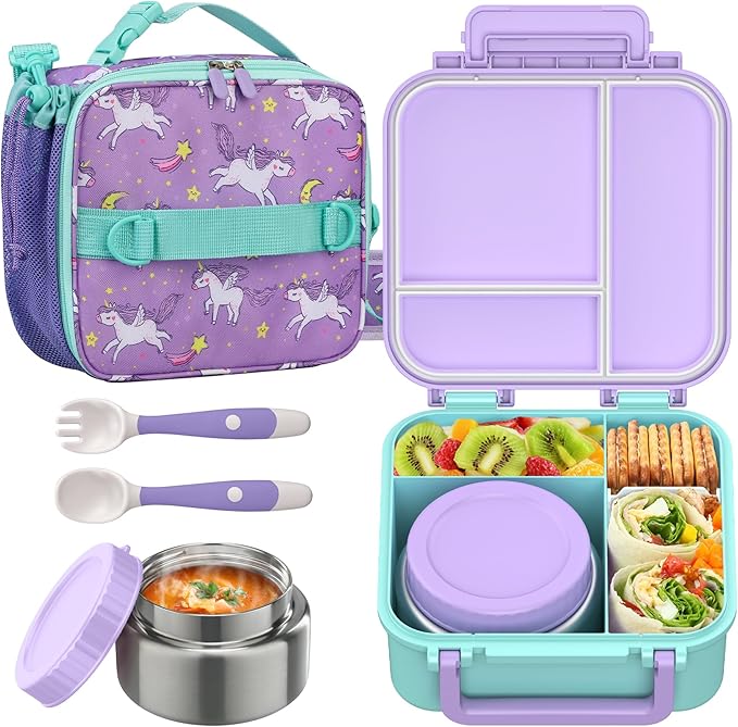 JOOPETALK Bento Lunch Box Set for Kids with 9oz Soup Thermo, Insulated Lunch Bag,Leak-proof BPA-free Lunch Food Container with 3-4 Conpartments for School Travel-Pur-blue