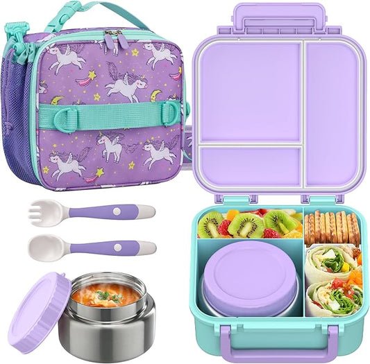 JOOPETALK Bento Lunch Box Set for Kids with 9oz Soup Thermo, Insulated Lunch Bag,Leak-proof BPA-free Lunch Food Container with 3-4 Conpartments for School Travel-Pur-blue