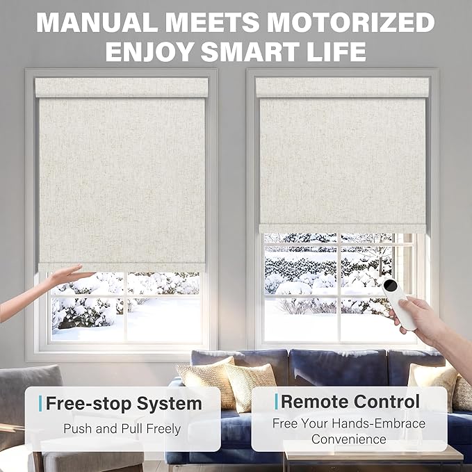 BERISSA Motorized Blinds with Remote,No Drill Dual-Control(Manual + Remote) Automatic Roller Blinds for Indoor Windows,Linen Fabric,Electric Shades for Windows Home Office,Custom Color,Custom Size