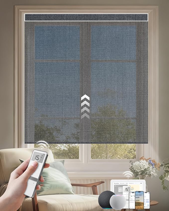 Kincmo Motorized Blinds with Remote, Light Filtering Roller Shades Work with Apple Homekit,Alexa,Google Home, Custom Electric Blinds with App,Voice Control (50% Blackout Eclipse Heather Grey)