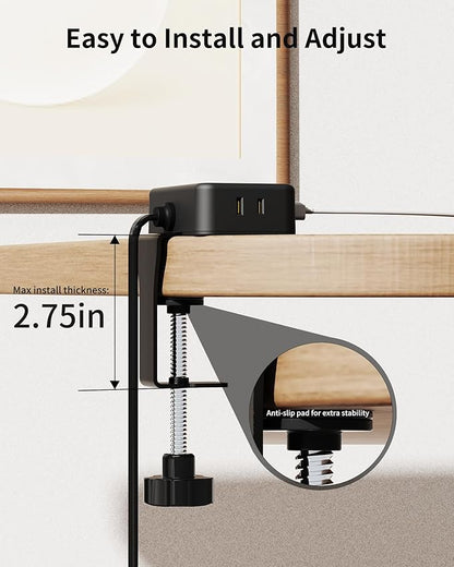 HOPOW Desk Clamp Power Strip, Desktop Mount Charging Station with 4 Outlets 4 USB Ports (2 USB C), 6Ft Under Desk Power Strip, Fits 2.75" Tabletop Edge, Extension Cord for Home Office, Black