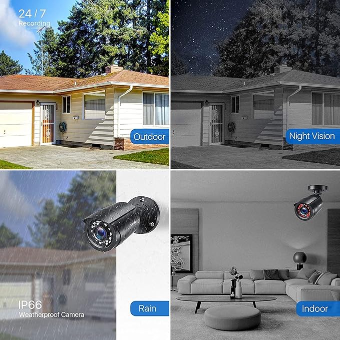 ZOSI 4 Pack 2MP 1080p HD-TVI Home Security Camera Outdoor Indoor 1920TVL, 24PCS LEDs, 80ft Night Vision, 90°View Angle, Weatherproof Outside Surveillance CCTV Bullet Camera(Black)