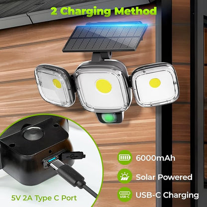 6000mAh Solar Motion Sensor Outdoor Lights with 3 Modes, 2 Pack