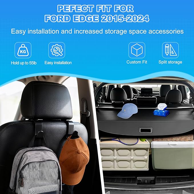 AUXKO Retractable Cargo Cover for Ford Edge 2024-2015, Trunk Cargo Cover Luggage Security Shade Cover for 2024 2023 2022 Ford Edge Shielding Shade Anti-Peeping Luggage Privacy Screen, Carbon Fiber