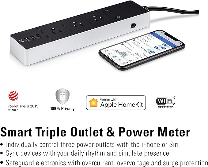 Eve Energy Strip - Smart Triple Outlet & Power Meter for Apple Home, Built-in Schedules & Switches, Surge Protection, overcurrent Protection, overvoltage Protection, Energy metering