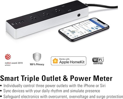Eve Energy Strip - Smart Triple Outlet & Power Meter for Apple Home, Built-in Schedules & Switches, Surge Protection, overcurrent Protection, overvoltage Protection, Energy metering