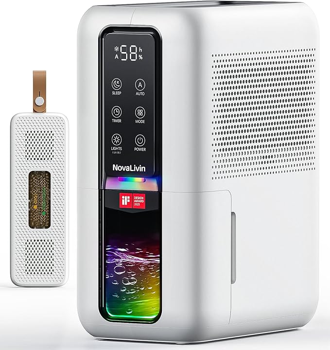 Dehumidifier for Home, Dehumidifiers for Bathroom, Bedroom, Living room, Closet with 68 OZ Water Tank, Moisture Absorbers, Auto Shut Off, Auto Humidity Control, 7 Colors LED Light, Black and White