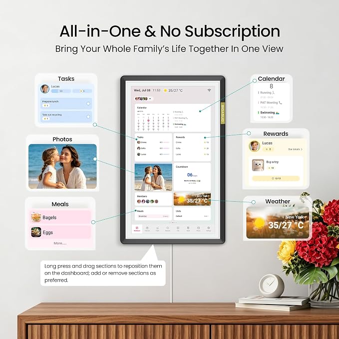 15.6" Smart Digital Calendar for Family, FHD Touchscreen Wall Calendar | App Sync No Subscription, Shared Family Planner, Meal Planning, Chore Chart, Grocery Lists, Reminders & Digital Photo Frame