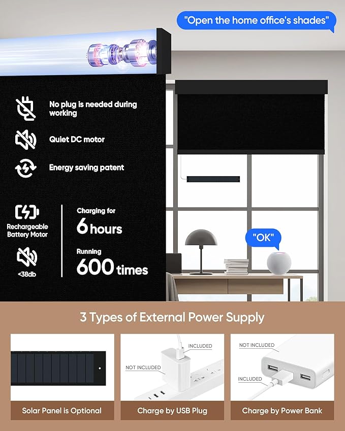 Motorized Blinds with Remote: Kincmo 100% Blackout Roller Shades Work with Apple Homekit,Alexa,Google Home, Customized Electric Blinds with App,Voice Control (100% Blackout Vinyl Black)