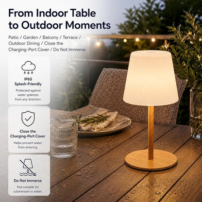 IP65 Waterproof Shower Lamp, Cordless Rechargeable Table Lamp, Wood Grain | 4000mAh Battery Operated Lamp, Spa-Like Glow for Showers, Vanity, Bedside and Patios; 3 Color Temperatures, Touch Dimming