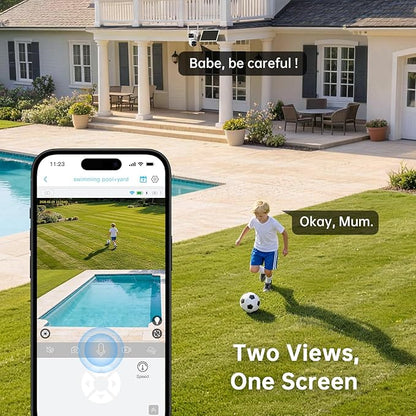 SEHMUA Dual Lens Solar Security Cameras Wireless Outdoor, 2K+2K Dual Views Outdoor Camera Wireless, Color Night Vision, PIR Motion Alerts, 2.4GHz WiFi, IP65, Optional Storage