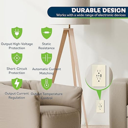 TOPGREENER 4.2A 3-Port Type C USB Outlet, 15 Amp Receptacle Plug, Charging Power Outlet with Dual Type C&A Ports, Screwless Wall Plate Included, UL Listed, TU21542AC2-LASID, Light Almond, 2 Pack