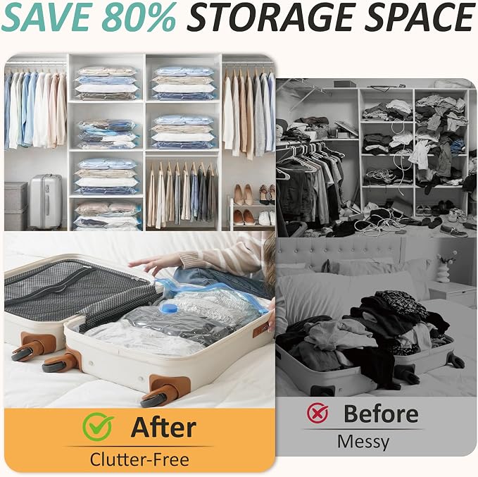 Vacuum Storage Bags with Hand Pump, Vacuum Seal Space Saver Bags,12 Medium | 80% Space-Saving Bags for Clothes, Pillows & Bedding; Double-Zip Airtight Seal; For Luggage, Home & Travel Storage