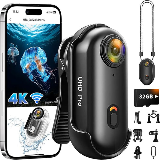 Body Camera 4K, Mini Action Camera WiFi (32GB), Compact POV Cameras with Waterproof Case, Wearable Thumb Sports Snapcam,Small Bodycam for Vlogging Skiing Snowboarding Running Motorcycling Horse Riding