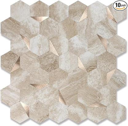 10 Sheets Beige Slate Hexagon Peel and Stick Backsplash for Kitchen Wall, Heat Resistant Stick on Backsplash PVC Smart Tiles, Waterproof Peel and Stick Wall Tiles for Bathroom