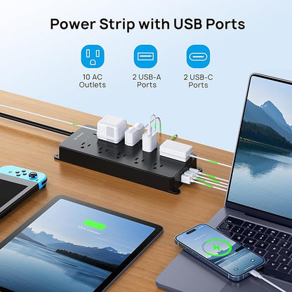 TROND Power Strip Surge Protector, Flat Plug 15ft Long Extension Cord, 10 Widely Spaced AC Outlets, 2 USB A & 2 USB C Ports, 4000J, ETL Listed, Wall Mountable, for Home Office Entertainment, Black