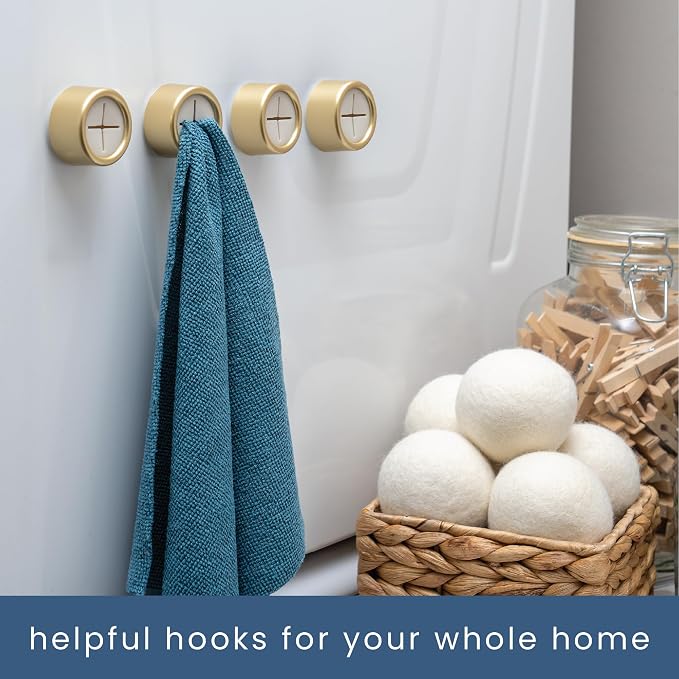 S&T INC. Adhesive Push Towel Hooks, 4 Pack, Brushed Gold | 2 Installation Options, Round Hooks for Kitchen, Bathroom, Garage and Home Use, Organization Hooks, Strong Grip