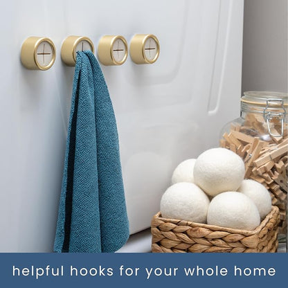 S&T INC. Adhesive Push Towel Hooks, 4 Pack, Brushed Gold | 2 Installation Options, Round Hooks for Kitchen, Bathroom, Garage and Home Use, Organization Hooks, Strong Grip