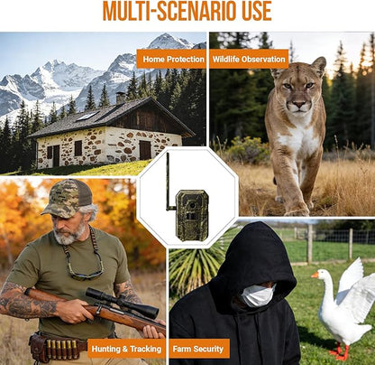 MagicEagle® Cellular Trail Camera 4G Wild Game Cameras 13,000 mAh Battery Solar Panel 2K Audible Video No-Glow IR Night Vision IP66 Waterproof for Wildlife Deer Monitoring Home Security (Green)