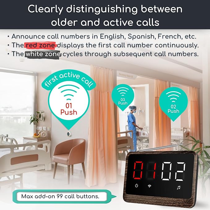 Wireless Nurse Call System with Call Buttons, 2-Number Display | Displays the oldest and next active calls for faster response in care and service environments