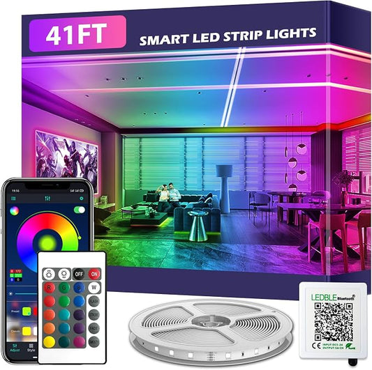 41FT Led Strip Lights,Long Smart Led Light Strips Music Sync 5050 RGB Color Changing Rope Lights,Bluetooth APP/IR Remote/Switch Box Control Led Lights for Bedroom,Home Decoration,Party,Festival