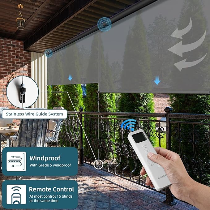 Motorized Outdoor Roller Shades,Patio Roll Up Blind Work with Alexa,Google Home,Apple Homekit,Remote Control Sun Shade,Waterproof &Windproof Smart Blinds for Porch,Sirus Light Gray,5% Openness