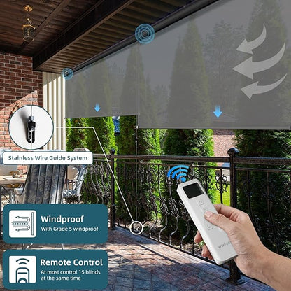 Motorized Outdoor Roller Shades,Patio Roll Up Blind Work with Alexa,Google Home,Apple Homekit,Remote Control Sun Shade,Waterproof &Windproof Smart Blinds for Porch,Sirus Light Gray,5% Openness