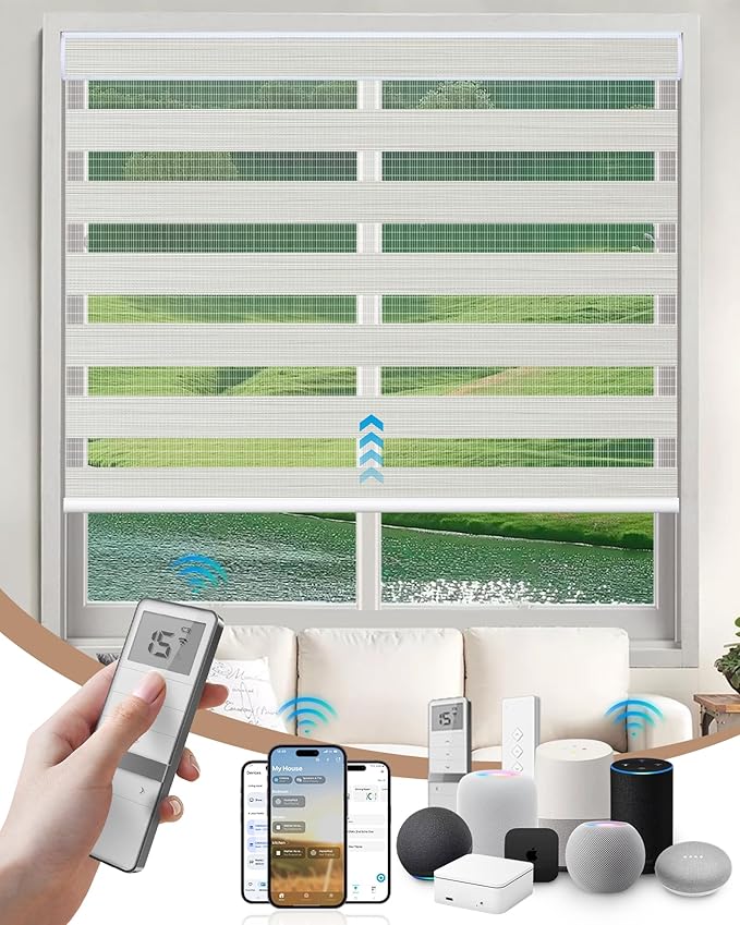 Kincmo Motorized Blinds with Remote, Motorized Zebra Shades Work with Apple Homekit,Alexa,Google Home, Customized Electric Blinds with Remote,App,Voice Control (90% Blackout Flow Cream)